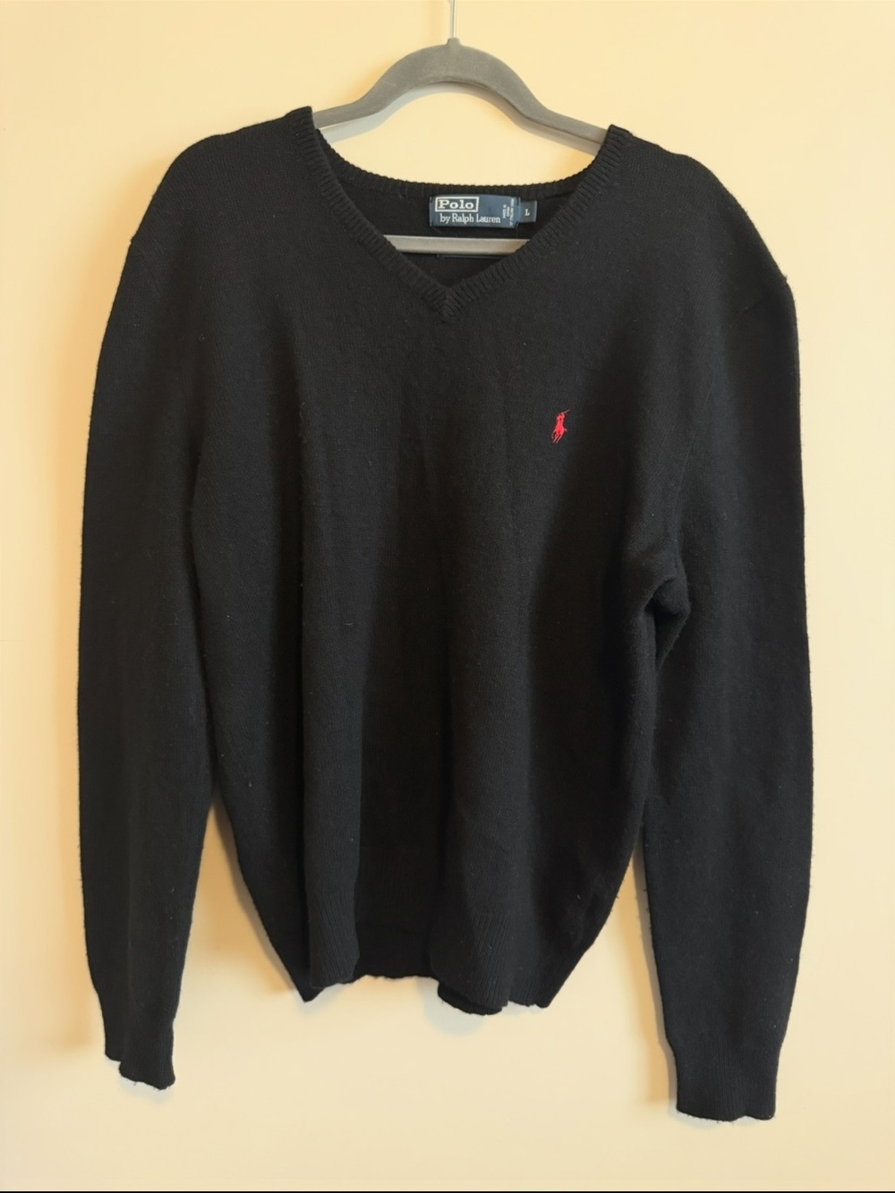 VTG Polo Ralph Lauren Italian Yarn Lambswool Black V-Neck Sweater Size Large